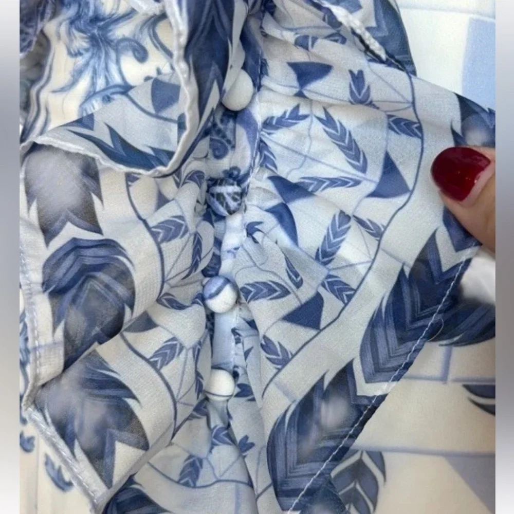 PatBO Amalfi Convertible White/Blue Printed Ruffle Chiffon Maxi Dress Size XS